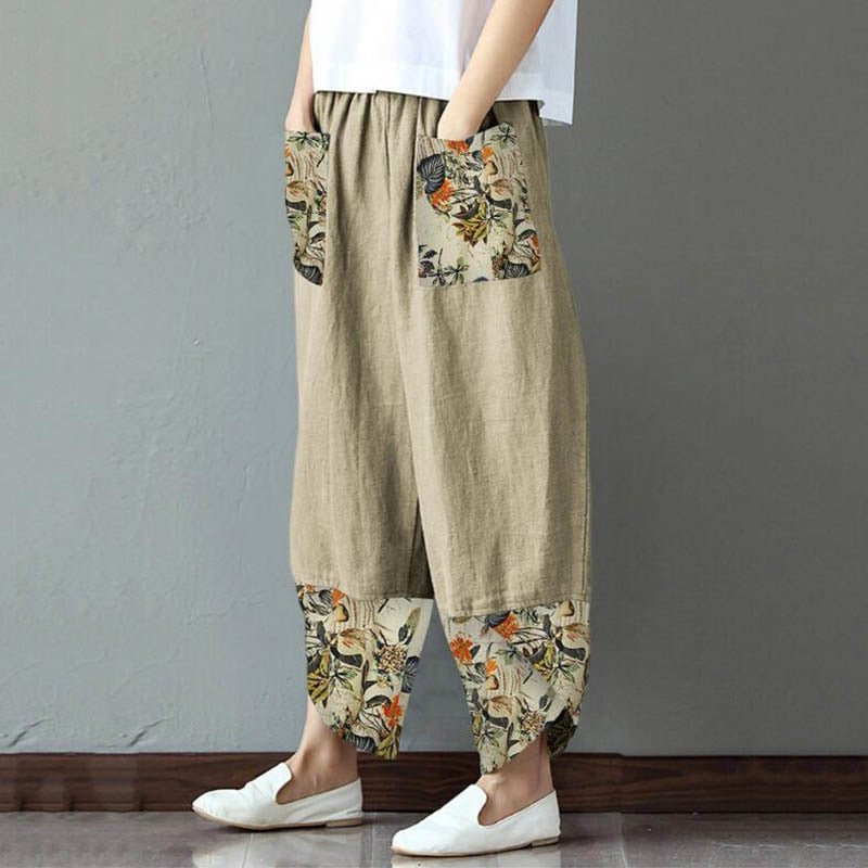 Ootdgirl Spring Autumn Fashion Women Cotton Linen Pencil Pants Casual Print Patchwork Loose Long Trousers Elegant Streetwear Lady Pants