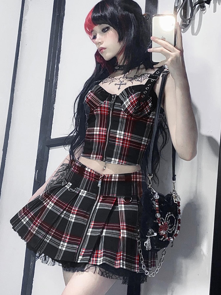 Ootdgirl Halloween Punk  Black Plaid Skirt Suit Y2K Goth Streetwear High Waist Pleated Mini Skirts Grunge Zip Up Camisoles 2Pcs Set
