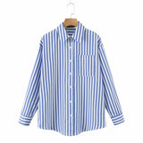 OOTDGIRL Casual Striped Print Buttons Up Blouse Shirts Pocket Oversized Shirt Women Cool Style Holiday Fashion Shirts Female Long Top