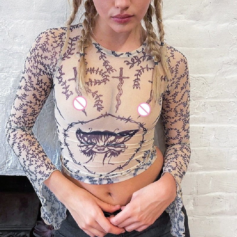 OOTDGIRL Back to School Y2k Aesthetic Print Tops Women Mesh Sheer Cute Mini Kawaii Grunge T-Shirts Flare Sleeve Cropped Tops Fairy Streetwear