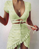 Ootdgirl  Floral Print Fashion Tie Up Wrap Mini Dress 2022 Summer Holiday Ruffles Sundress Ruched Women's Dress Short Sleeve