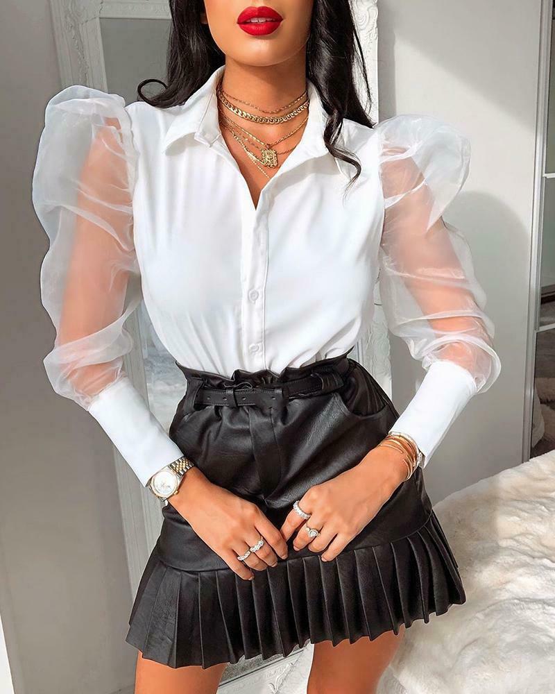 OOTDGIRL OL Puff Sleeve Women Shirts Office Lady Sexy Mesh See Through Long Sleeve Button Blouse Sheer Turn Down Collar Casual Shirts