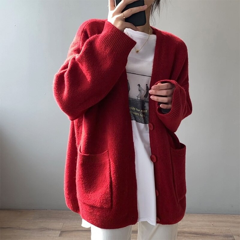 Ootdgirl  Fall Winter 2022 Knit Cardigan Casual Sweater Woman Long Sleeve V-Neck Pockets Loose Coats Vintage Oversized Jacket