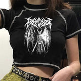 OOTDGIRL Goth Grunge Womens T-Shirt Harajuku Y2K Crop Top Korean Demon Punk Anime Print Slim Black Tshirts Tops Tee Summer 2022