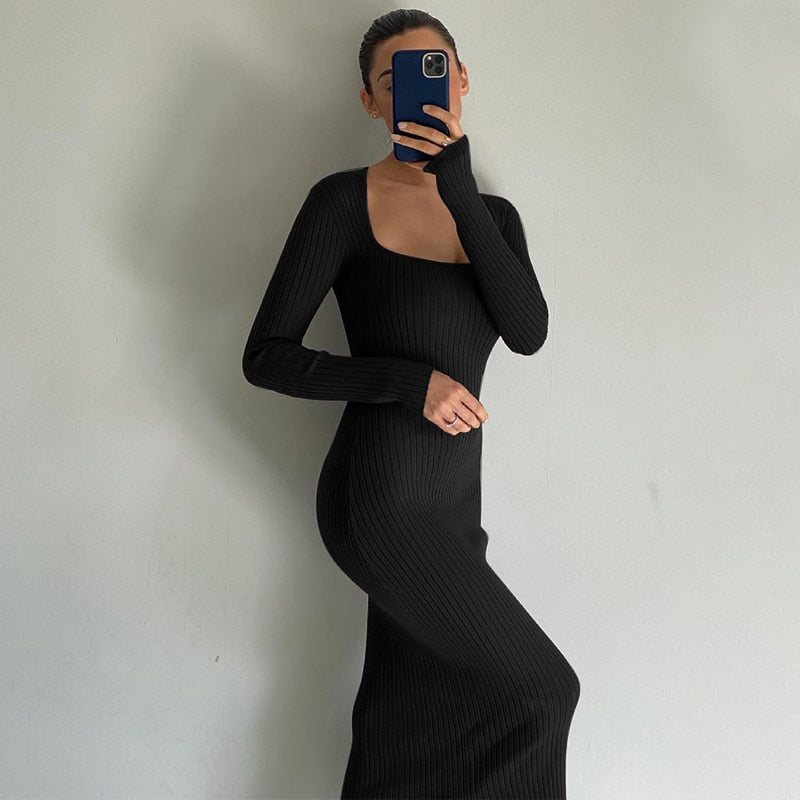 Ootdgirl  Long Sleeve Ankle-Length Dress For Woman Square Collar Knit Long Dress Women  Elegant Causal Solid Maxi Dresses