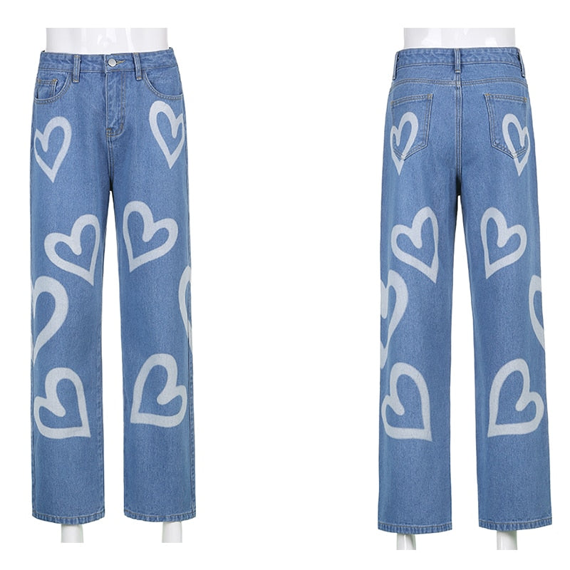 OOTDGIRL Vintage Heart Printed Pants Y2K Baggy Jeans Women High Waist Fashion Slender Aesthetic Mom Jeans Denim Streetwear 90S Trousers