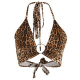 OOTDGIRL Leopard Printed Sexy Halter Crop Top Women Camis Backless Bandage Lace Up Sequins Metal Ring Tank Top 2022 Party Club Bustier