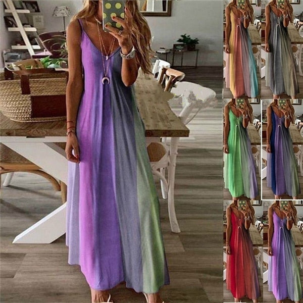 Ootdgirl  2022 Summer Dress Women Elegant Rainbow Gradient Print Big Swing Long Dress Boho Spaghetti Strap Beach Dress Party Evening Robe