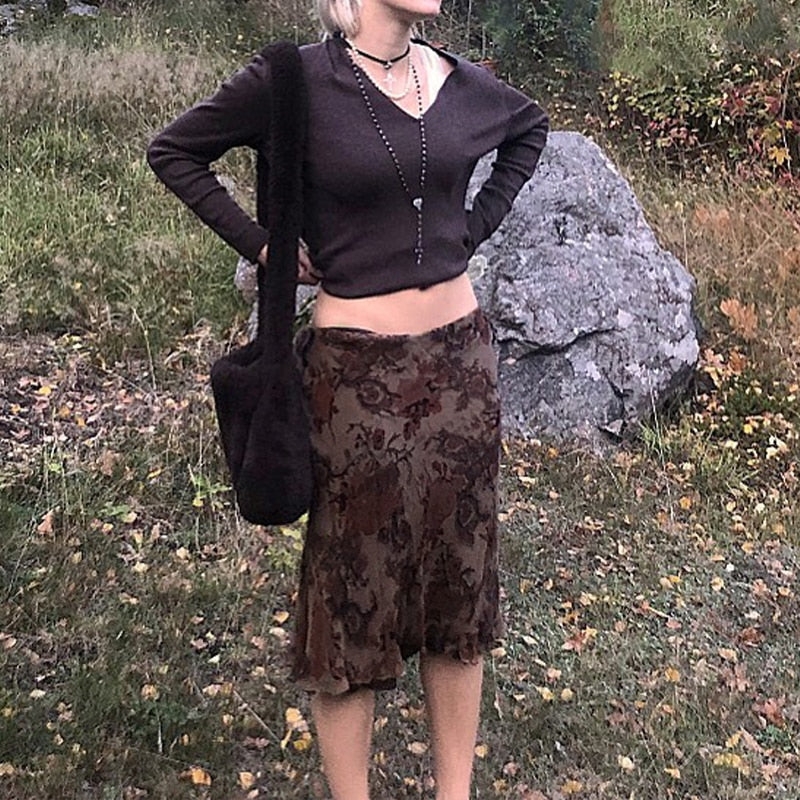 Ootdgirl  Fairy Grunge Low Waist Midi Skirt Vintage Women's Print Skirt Aesthetic Long Skirt Korean E Girl Gothic Summer 90S