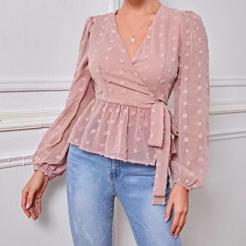 Ootdgirl  Spring Autumn V Neck Wrap Blouses Women Long Sleeve Casual Office Tops Female Solid Ruffles Pink Blouses Elegant Lace Up Work Tops