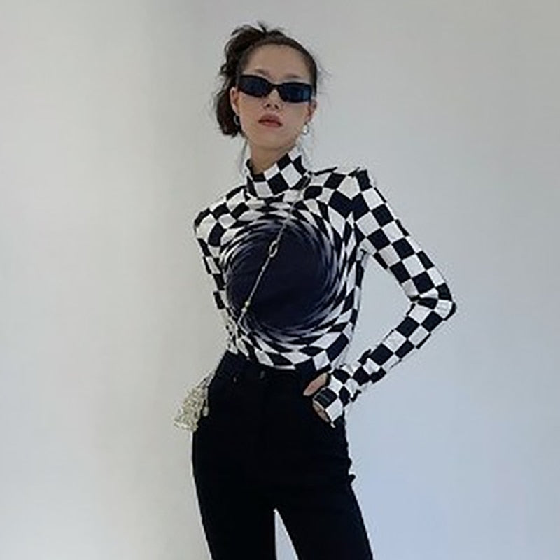 Ootdgirl  Casual Fashion Women's Checkerboard Printed Tops Autumn 2022 Turtleneck Long Sleeve Female  Streetwears