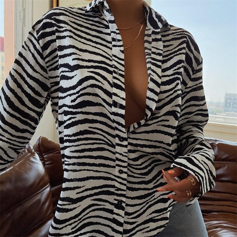 OOTDGIRL Fashion Women's Shirts Button Down Lapel  Abstract/Zebra Print Long Sleeve Loose Shirt Femme Tops  2022 Autumn New