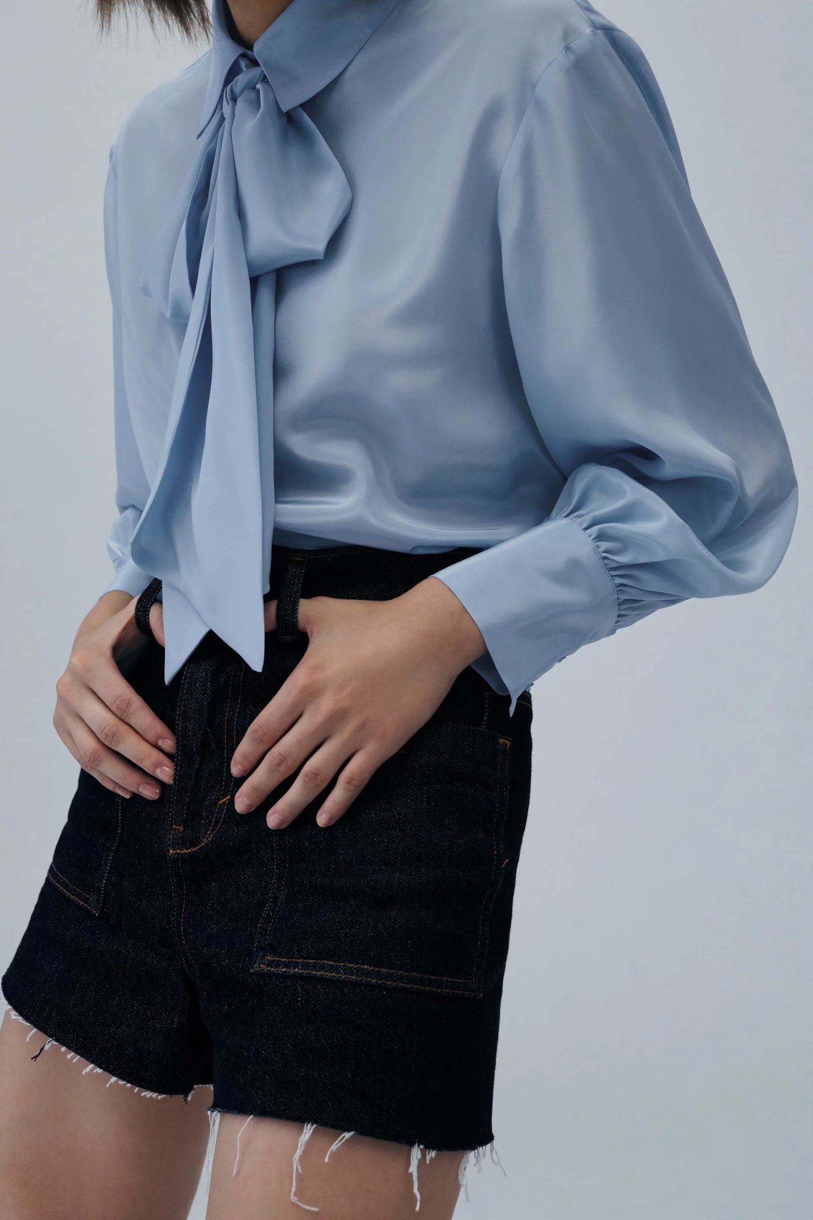OOTDGIRL New Women Elegant Bow Tie Blue Blouse Shirt Long Sleeve Lapel Collar Office Ladies Shirts Female Chic Tops Summer Blusas