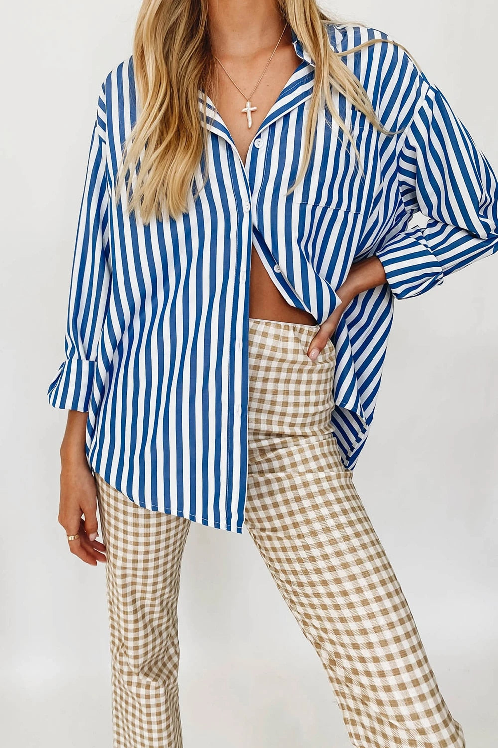 OOTDGIRL Stylish Women's Classic-Fit Long Sleeve Lightweight Button Down Shirt  Vertical Stripes Oversize BF Style Top Blouses