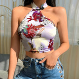 OOTDGIRL Chinese Style Dragon Pattern Tops Floral Tank Top Stand Collar Sleeveles Tanks Slim Fit Sexy Off Shoulder Crop Top Ropa Mujer