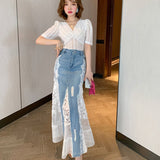 Ootdgirl  High Quality New 2022 Fashion Suits & Sets Women V-Neck White Lace Tops+Lace Denim Patchwork Midi  Mermaid Jeans Skirt Set