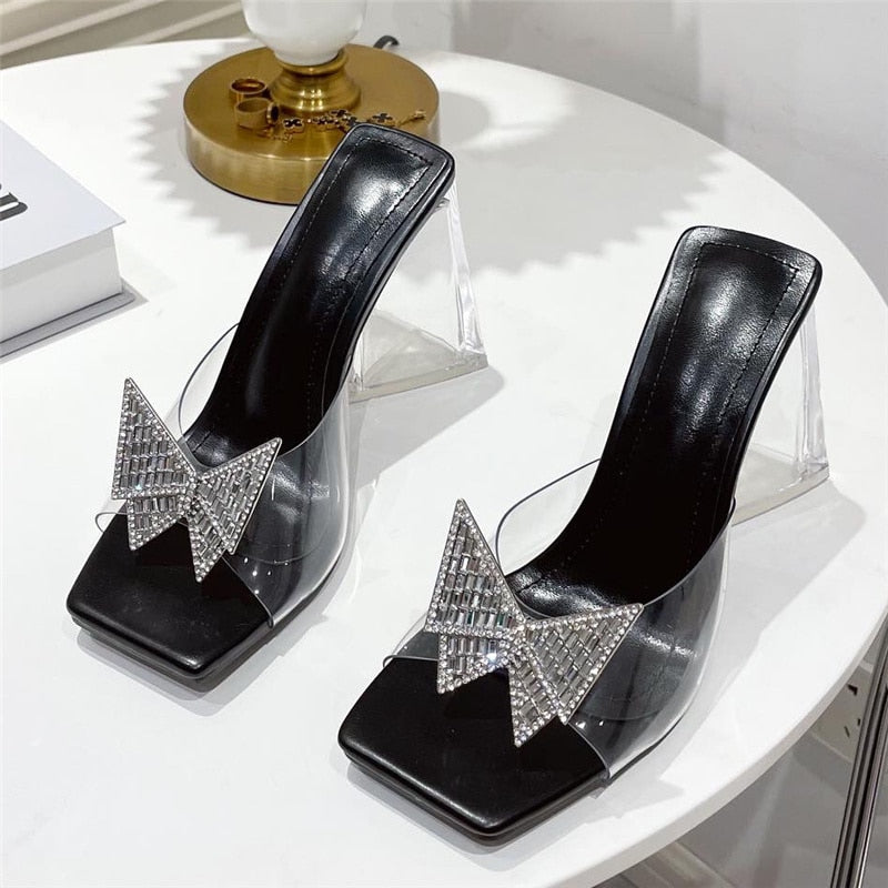 OOTDGIRL 2022 Women Luxury Design 10Cm High Heels Slides Mules Summer Transparent Pink Crystal Block Heels Slippers Party Chunky Shoes