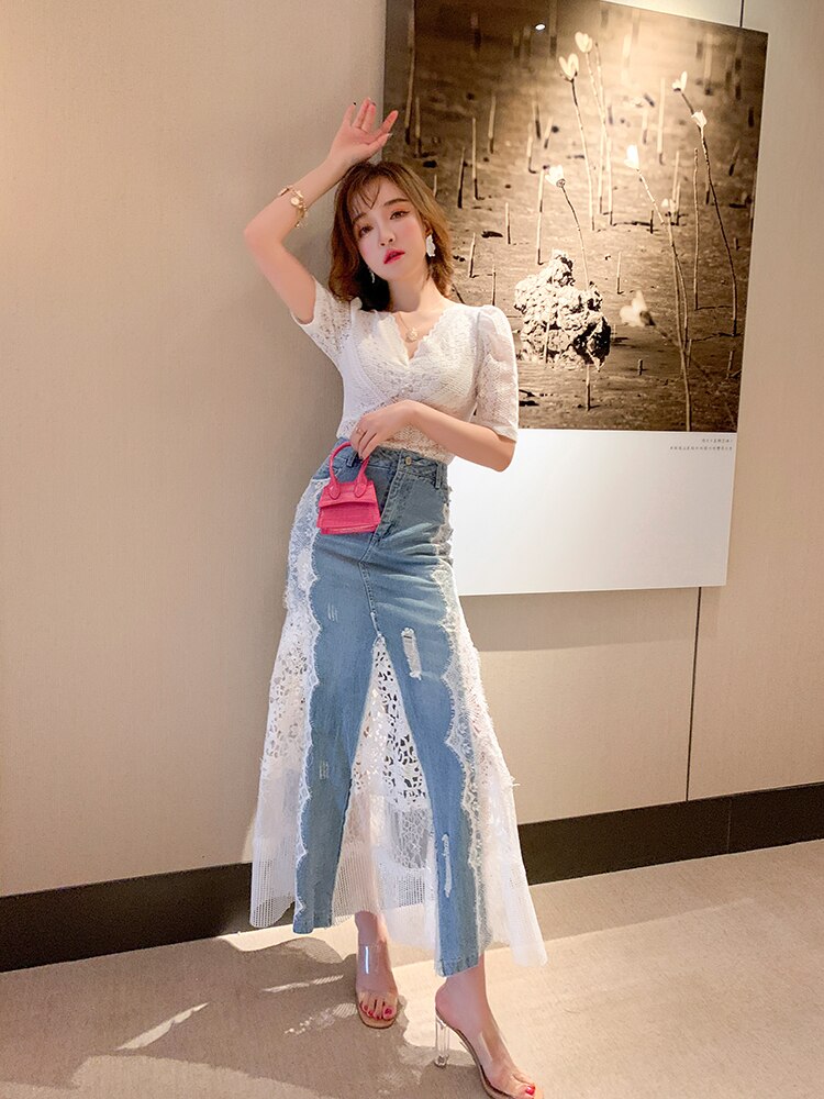 Ootdgirl  High Quality New 2022 Fashion Suits & Sets Women V-Neck White Lace Tops+Lace Denim Patchwork Midi  Mermaid Jeans Skirt Set