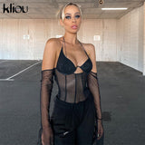 Ootdgirl  Mesh Patchwork Off-Shoulder Halter Bikini Women T-Shirt  See Through Lace Up Flare Sleeve Backless Club Party Clothes