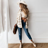 Ootdgirl  Long Shirts Blouses Autumn Winter White Long Sleeve Loose Casual Plaid Button Up Turn-Down Collared Tops Jacket Coat For Women