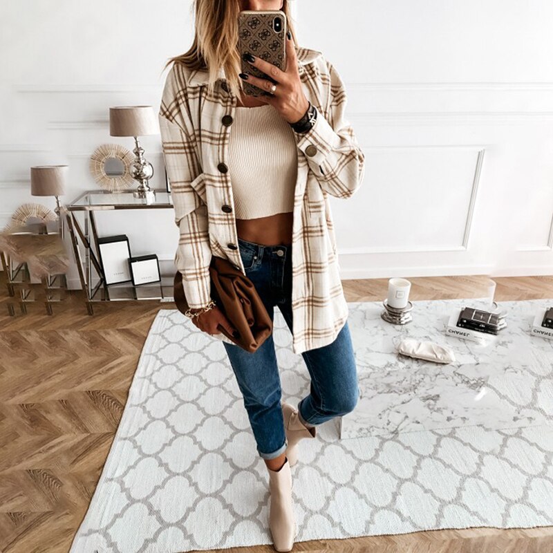 Ootdgirl  Long Shirts Blouses Autumn Winter White Long Sleeve Loose Casual Plaid Button Up Turn-Down Collared Tops Jacket Coat For Women