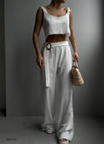 OOTDGIRL 2024 New Elegant Woman Matching Crop Top and Pants Set Pants with Belt BF23S01015 White