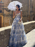 OOTDGIRL Blue Floral Print Long Maxi Dress