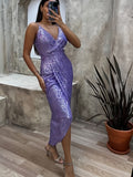 OOTDGIRL Plunge Neckline  Wrap Lavender Sequined Midi Dress