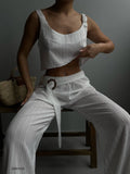 OOTDGIRL 2024 New Elegant Woman Matching Crop Top and Pants Set Pants with Belt BF23S01015 White