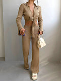 OOTDGIRL 2024 New Elegant Woman Polo Collar Tie-Front Crop Pants Set Beige Color - Noxlook