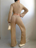 OOTDGIRL 2024 New Elegant Woman Polo Collar Tie-Front Crop Pants Set Beige Color - Noxlook