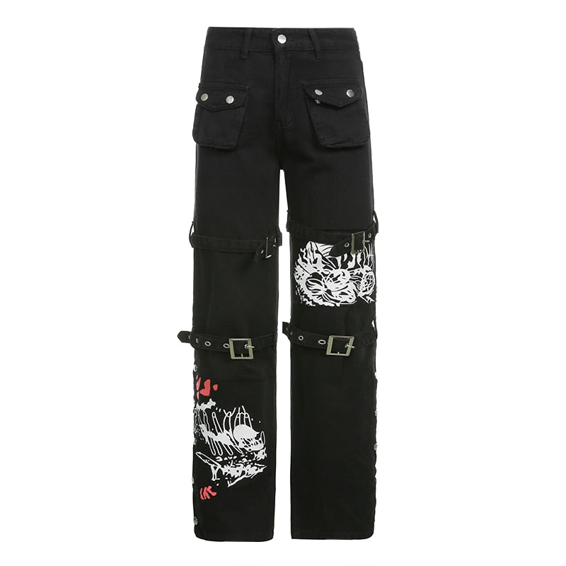 Ootdgirl  Gothic Print Jeans Woman Low Waist Cargo Pants Hip Hop Buckle Jean Streetwear Punk Denim Trousers Goth Mall Grunge