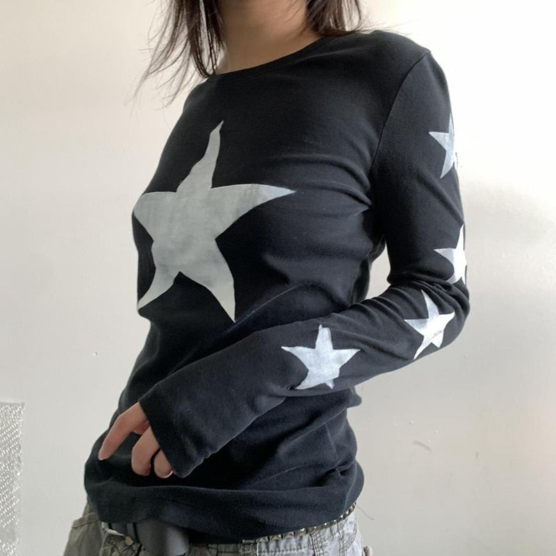 OOTDGIRL Retro Grunge Star Print T-Shirt E-Girl Gothic Long Sleeve Sweats Tees Autumn Spring Y2K Vintage Dark Academia Black Crop Tops
