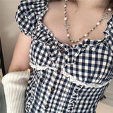 OOTDGIRL Cute Sweet Milkmaid Crop Tops Kawaii Plaid Corset Fairy Zipper Low-Cut Collar Summer Bustier 2000S Princess T-Shirts