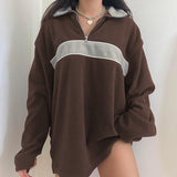 OOTDGIRL Preppy Style Vintage Loose Sweatshirts Y2K Aesthetics Patchwork Oversized Pullovers Autumn Turn-Down Collar Brown Long Tops