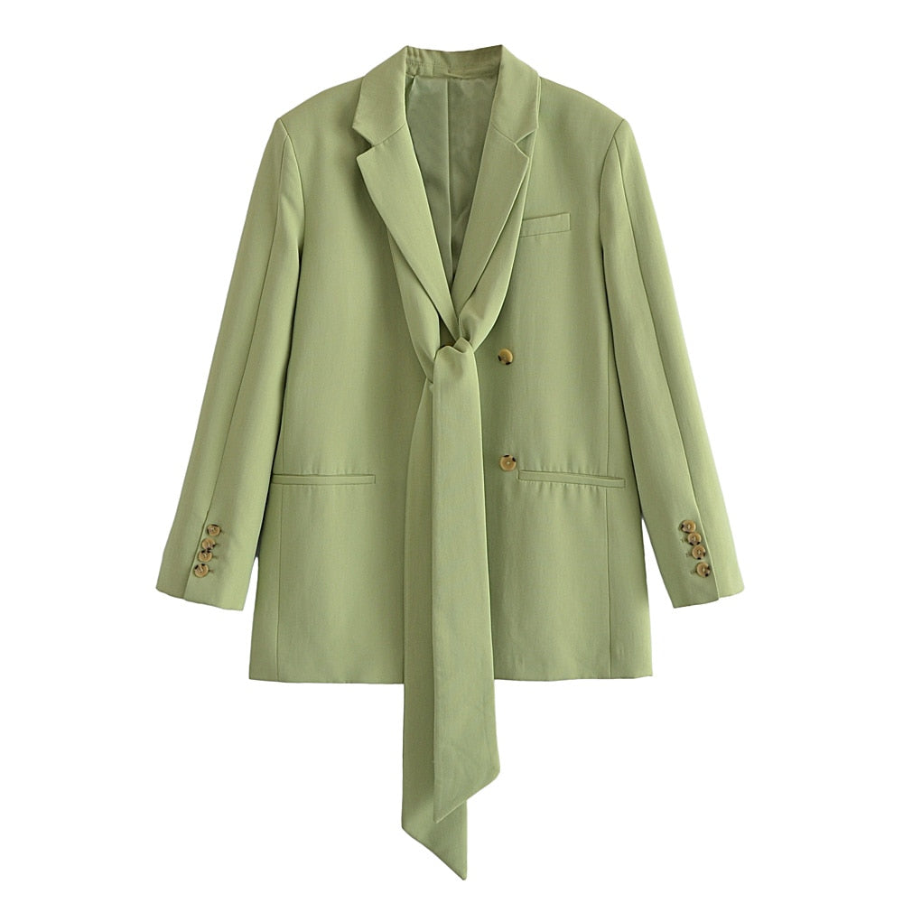 OOTDGIRL Office Lady Solid Green Oversized Long Blazer Women Long Sleeve V Neck Loose Jacket Female Vintage Outwears