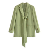 OOTDGIRL Office Lady Solid Green Oversized Long Blazer Women Long Sleeve V Neck Loose Jacket Female Vintage Outwears