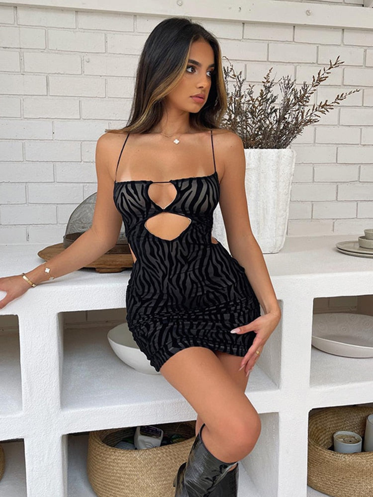 Ootdgirl  Zebra Stripes Cut Out  Backless Mini Dress for Women Summer See Through Club Party Dress Skinny Outfit Vestido