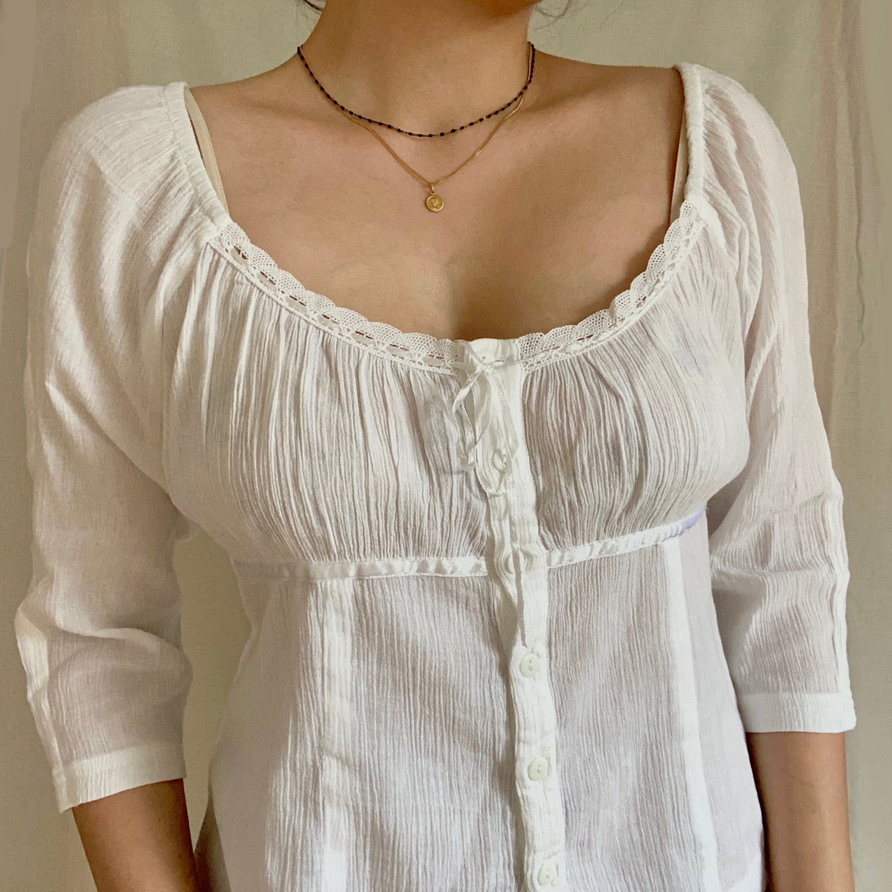 OOTDGIRL Y2k T-Shirts Vintage Fairycore 90S 00S Preepy Style Lace Trim Button Pullovers Tee Kawaii Milkmaid Crop Top Women