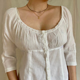 OOTDGIRL Y2k T-Shirts Vintage Fairycore 90S 00S Preepy Style Lace Trim Button Pullovers Tee Kawaii Milkmaid Crop Top Women