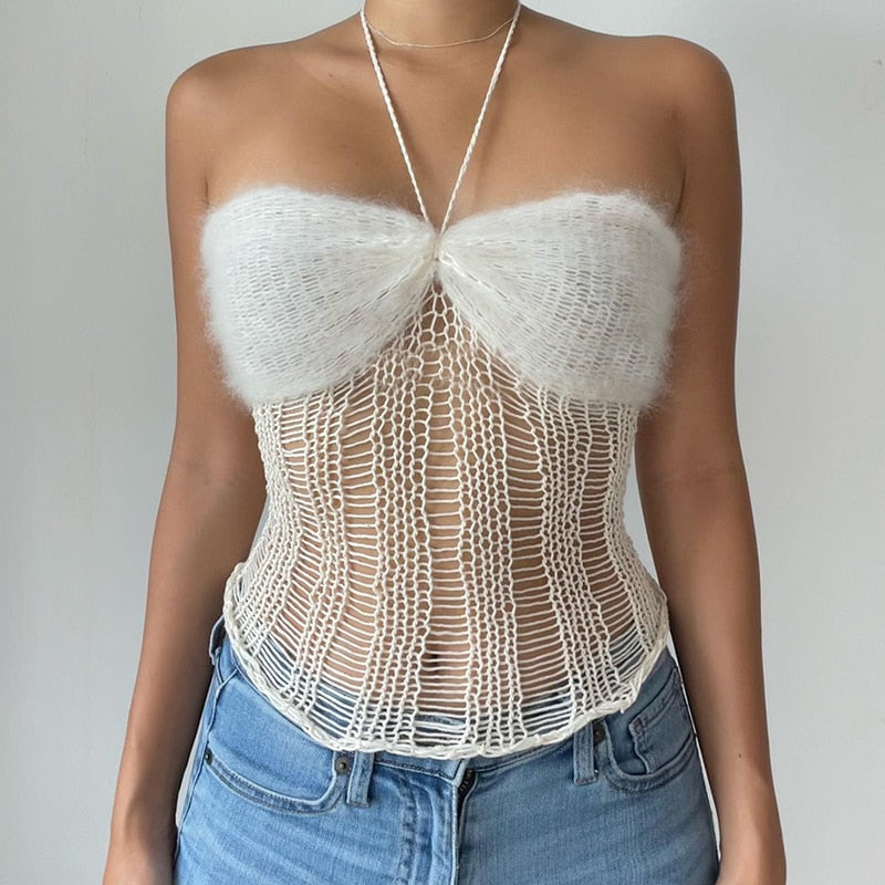 OOTDGIRL Fairycore White Knitted Halter Top Sexy Backless Tie Up Hollow Out Camisole Chic Women Vintage Y2K Crop Top Kawaii Mini Vest