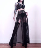 OOTDGIRL Grunge Aesthetic Women's See Through Sexy Long Skirt Lace Up Mesh Clothes With Buckles Bandage Black Slit Bottoms