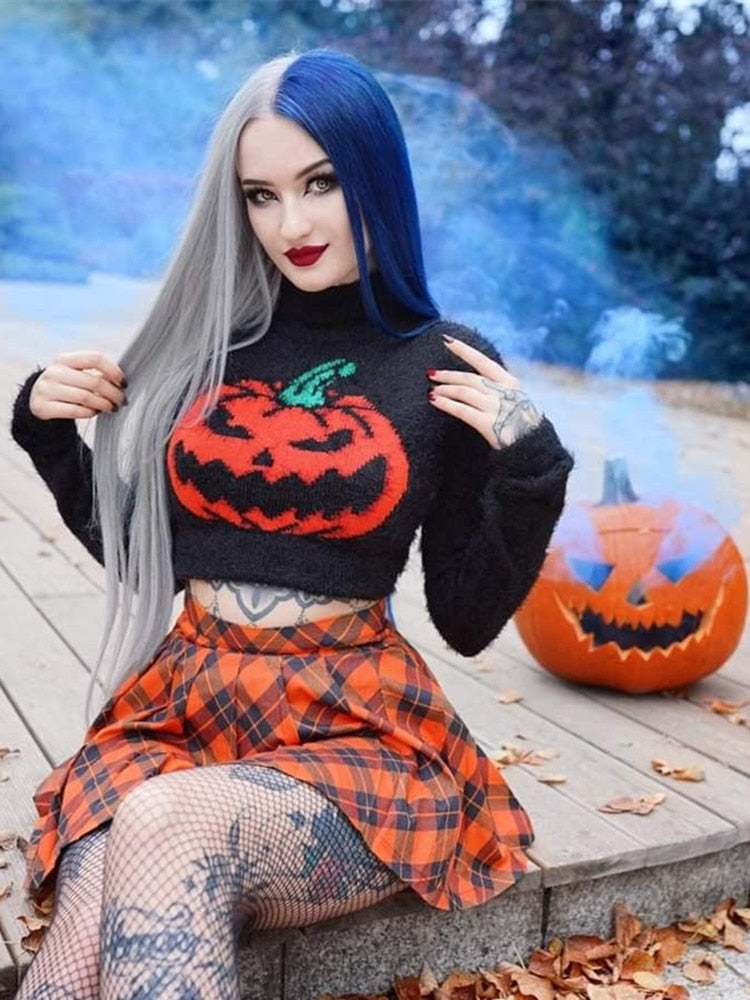 OOTDGIRL Gothic Black Pumpkin Print Women's Sweater Turtleneck Pullover Crop Long Sleeves Halloween Grunge Girls Party Top