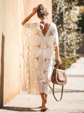 Ootdgirl  Bohemian Vintage Maxi Dress Summer Swimwear V Neck Flower White Boho Long Pareo Holiday Sheer  Bikini Cover Up
