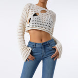 OOTDGIRL Womens Y2k Cover Up Hollow Out Long Flared Sleeve Crochet Knitted Crop Tops Boho Y2K Tee Loose T Shirts For Teen Girls