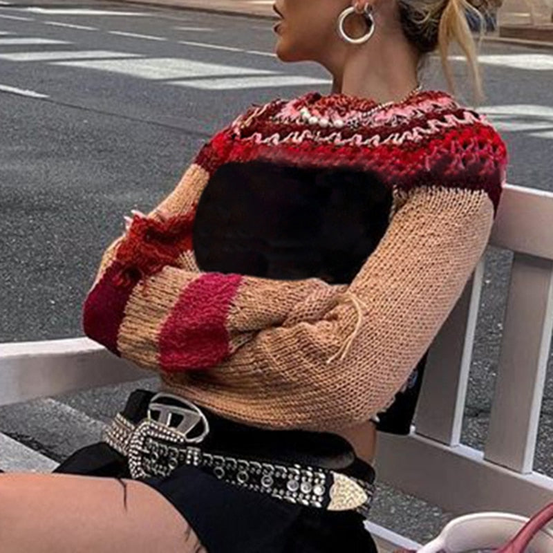 OOTDGIRL Autumn outfits Fairycore Patchwork Knitted Sweater Smock Top Autumn Retro Long Sleeve Slim Fit Pullovers Y2K Aesthetic Vintage Crochet Jumpers