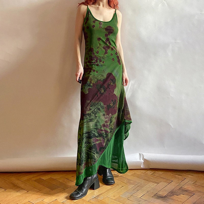 OOTDGIRL Chic Women Fairycore Spaghetti Straps Long Dresses 2000S Retro Y2K Aesthetic Green Graphic Print Mesh Dress Vintage Streetwear