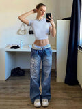 OOTDGIRL New Printed Baggy Y2K Jeans Women's Low Waist Jeans 2023 Spring Autumn Oversize Wide Leg Baggy Pants Casual Cargo Trousers