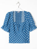 OOTDGIRL Summer Women Blue Polka Dot Print Shirt Retro Elastic Ruched Back Square Collar Short Sleeve Short Blouse Tank Tops