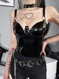 Ootdgirl Halloween Vintage  PU Black Bodysuit Gothic Leather Retro Ring Strap Backless E Girl Bodysuit Hip Hop  Streetwear Women Corset